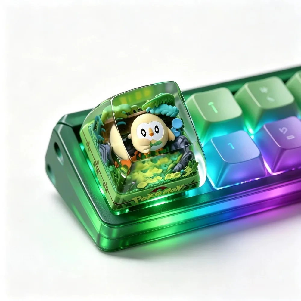 Tecla Pokémon ‌ Rowlet ‌ Teclado Mecánico de Resina Translúcida Personalizado, Accesorio Creativo para Juegos y Esports, Regalo