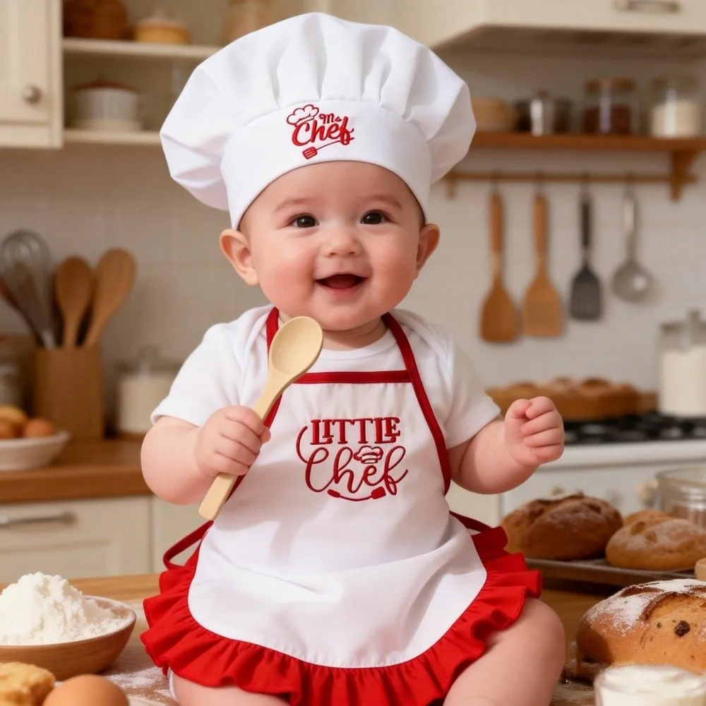 2Pcs/Set Soft Newborn Photography Clothes Embroidered Polyester Bbay Photography Props Set Cute Aprons Chef Hats Set