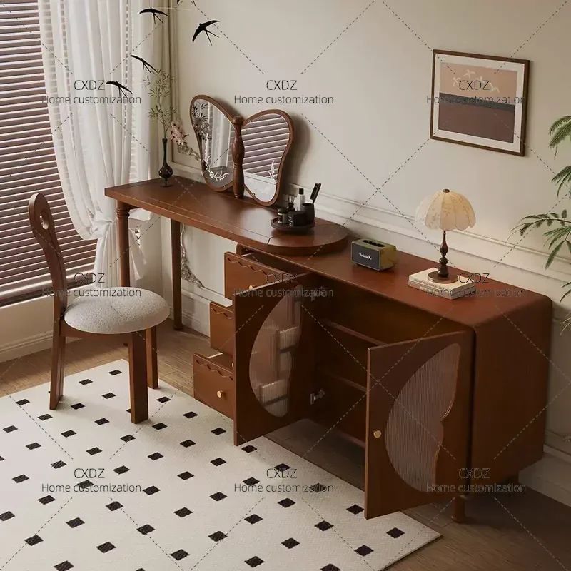 Walnut Makeup Table with Mirror and Chair Solid Wood Dresser for Bedroom Butterfly Design Vanity Desk Cabinet