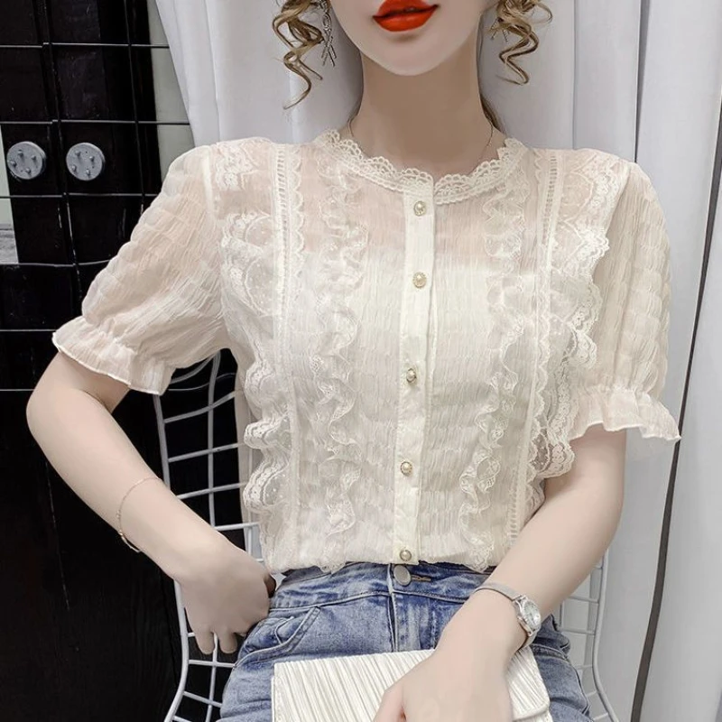 Summer Short Sleeve White Blouse Women Lace V-Neck Blouse Shirt Women Tops Blouses Shirts Ladies Casual White Elegant Tops Q76