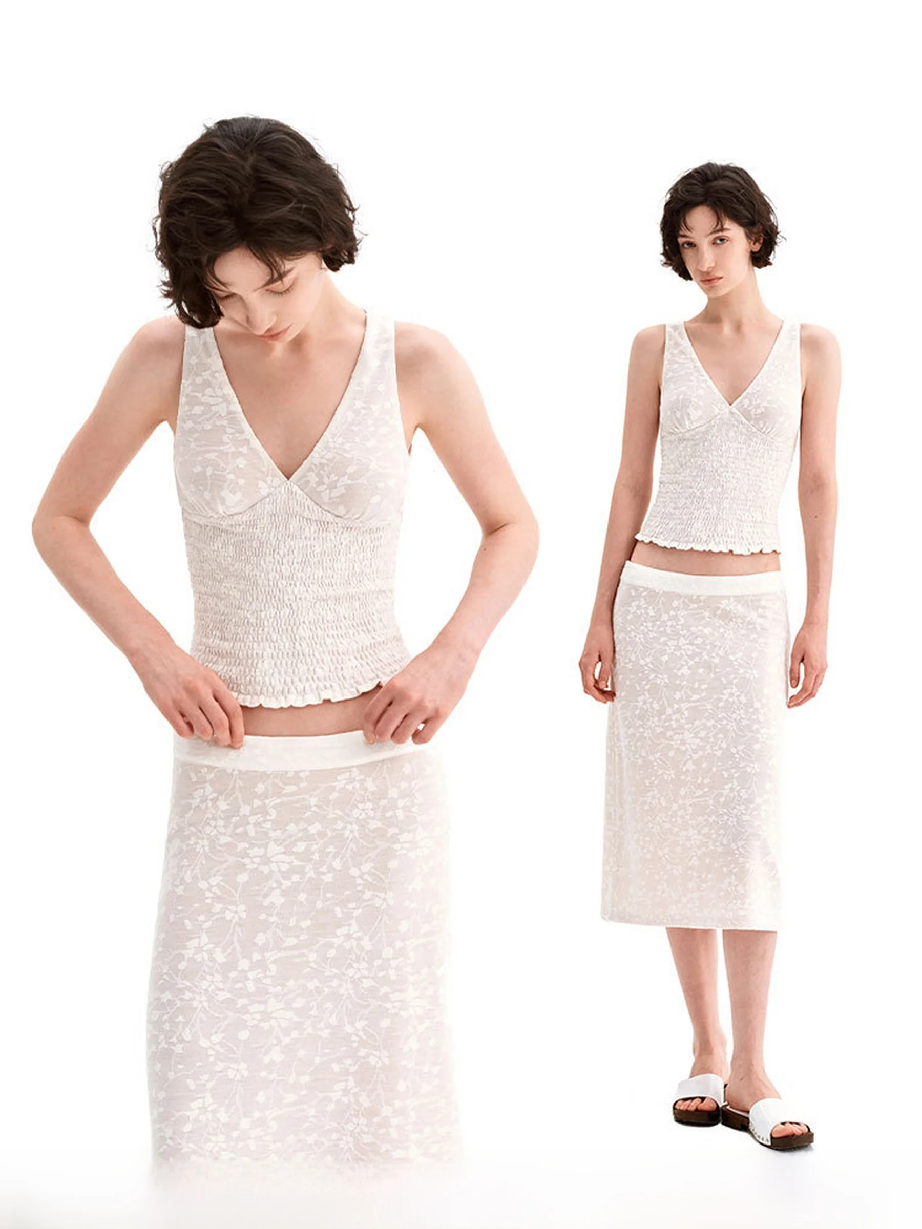 

Комплект Puki Original: летний классический базовый простой вышитый эластичный повседневный ретро-комплект из жилета и юбки с текстурой, женский повседневный комплект.