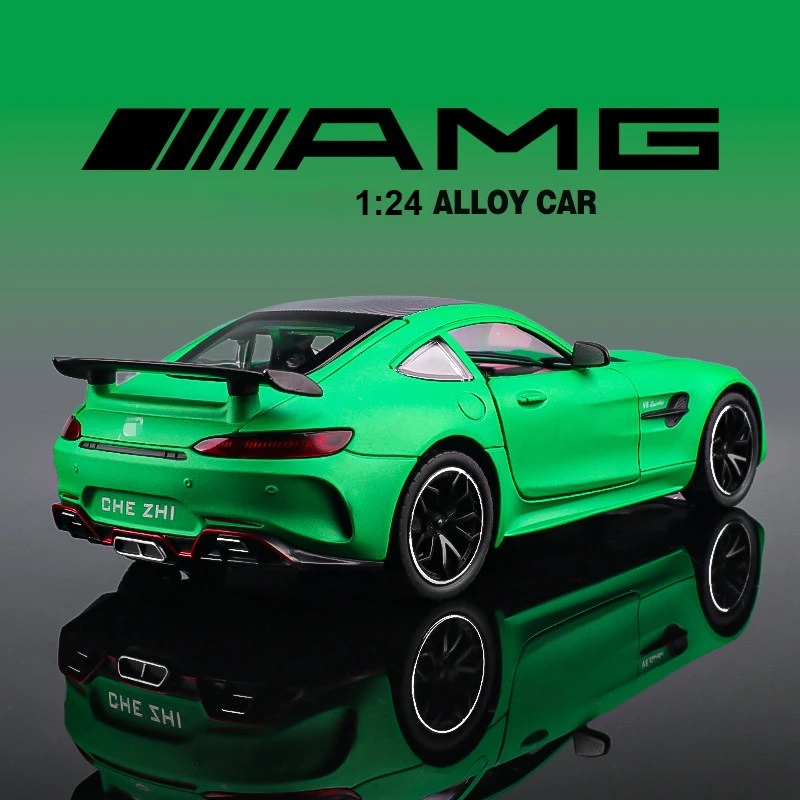 

Модель спортивного автомобиля AMG GTR 1:24, игрушка из сплава, имитация звука и света, с функцией отката назад, суперкар, игрушечный автомобиль для подарка