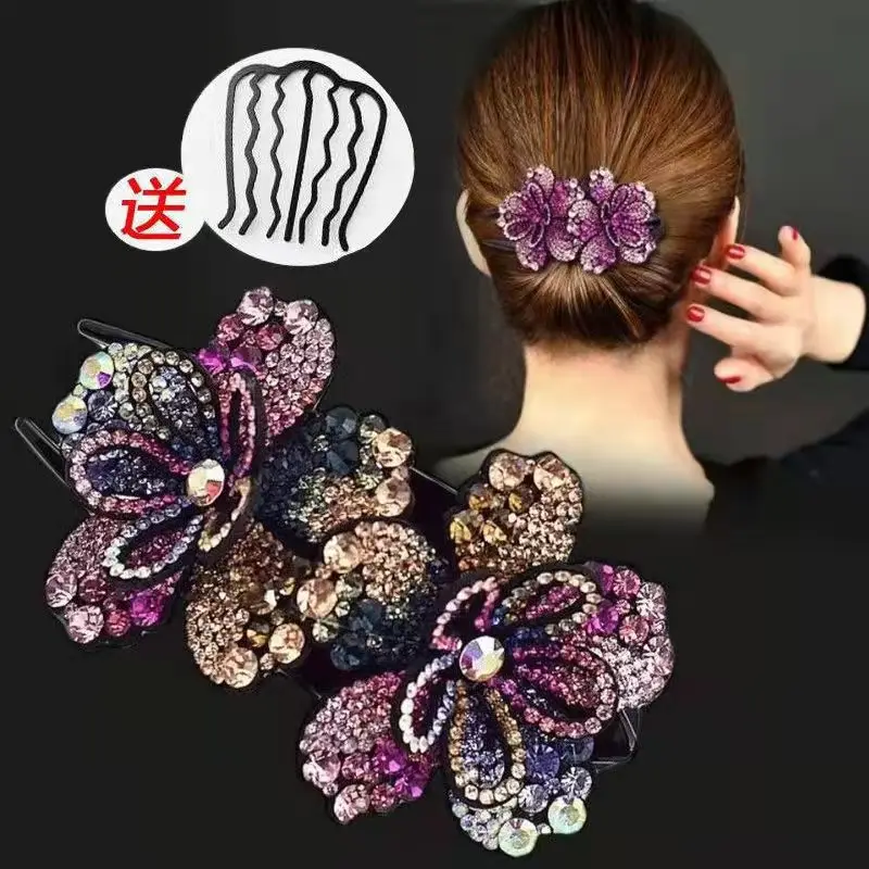 Korean Duck Mouth Clip Large Back Spoon Three Teeth Clip Crystal Beaded Women Hair Clip Vintage Headwear Hair Accessories