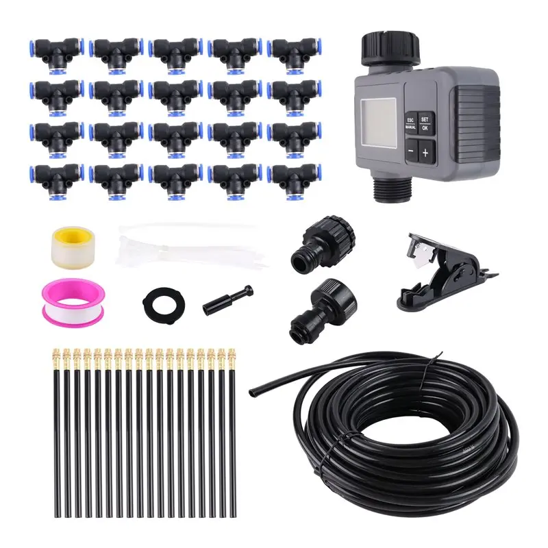 

Smart Water Timer 60Ft Drip Irrigation System, Solid Brass Connectors, 360° Adjustable Nozzles, Bendable Tubing