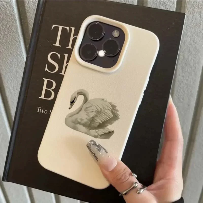 Funda de teléfono con patrón de cuero Lichee de cisne blanco elegante para Oppo Reno14 Reno13 Reno12 Reno11 Reno10 Reno8 Reno7 T F Z Pro 4G 5G