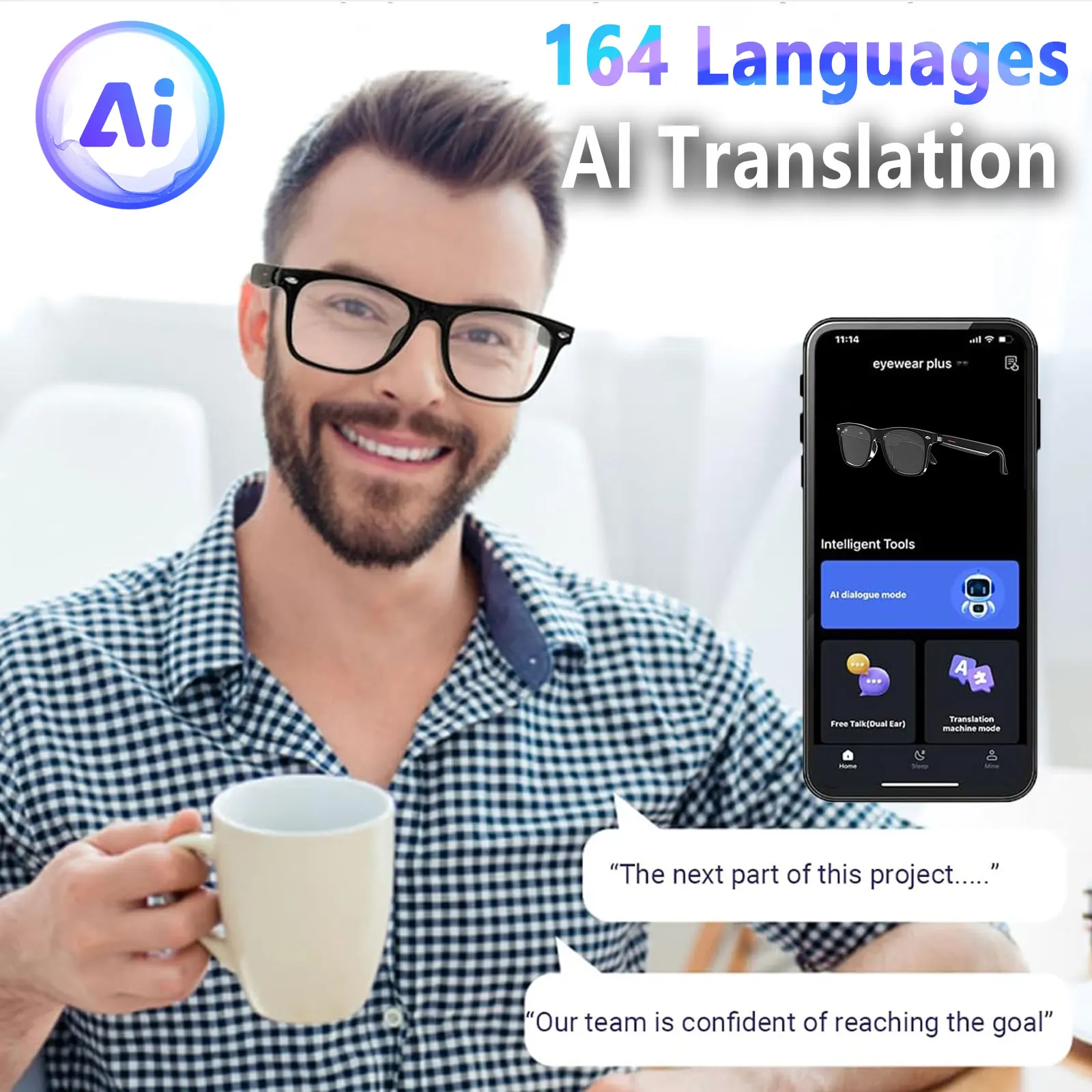 Smart AI translation glasses equipped with anti-blue light lenses, supporting real-time application translation in 164 languages