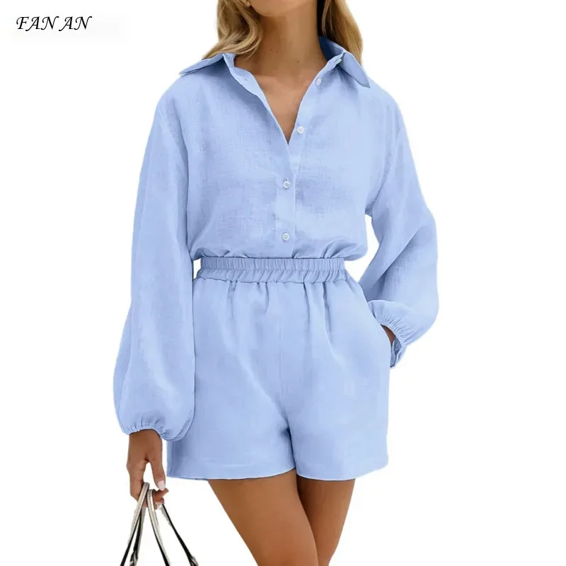 

2024 Summer Autumn New Pure Cotton Bubble Sleeves High Waist Shorts Two Piece Set Fashion And Elegance Casual Commuting