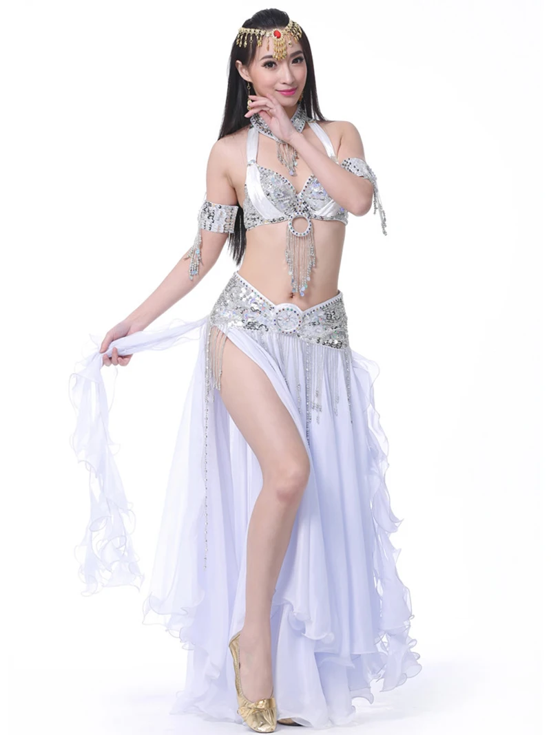 

Женский индийский танцевальный костюм, белый костюм для танца живота с бисером и блестками, набор для выступлений со стразами и вышивкой