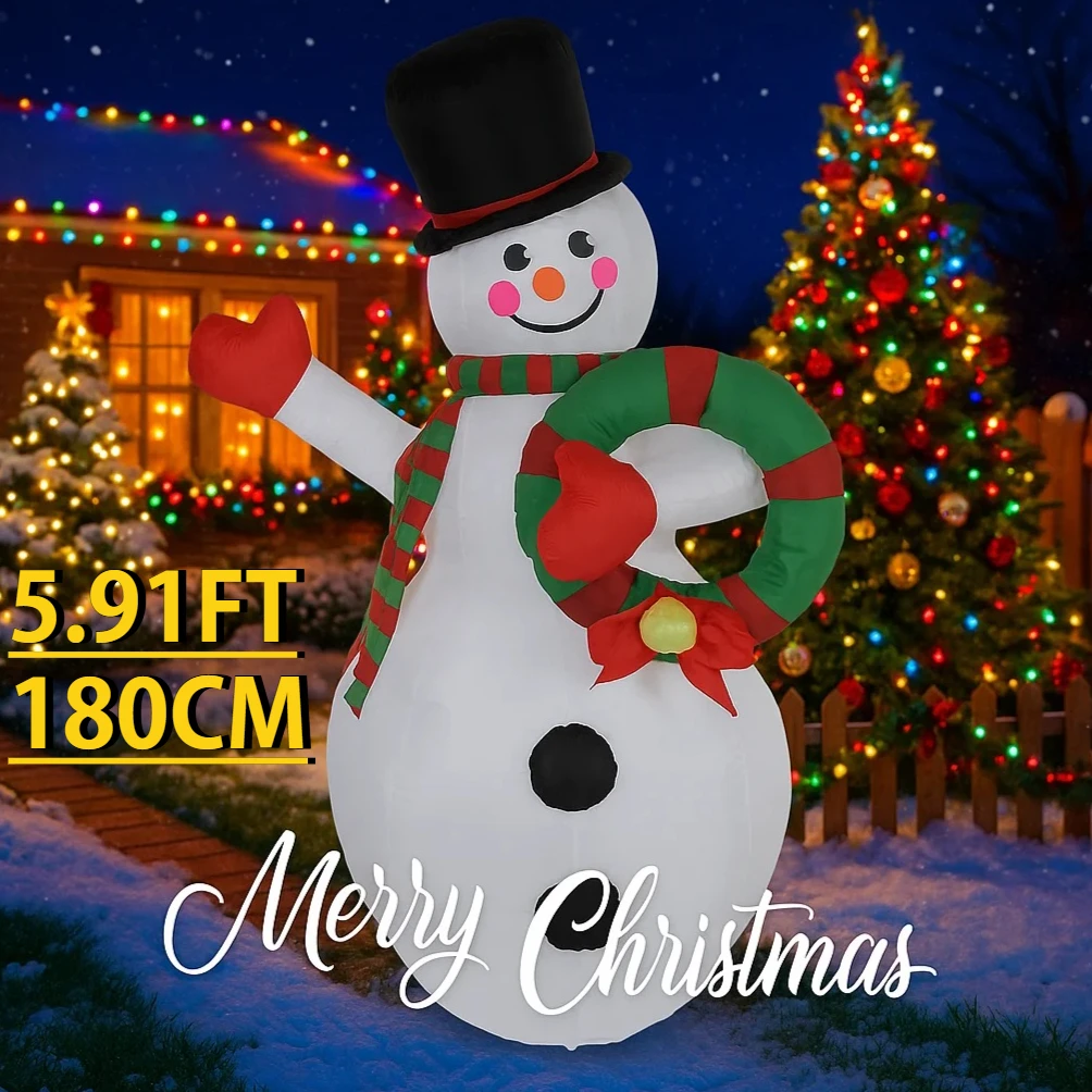 5.91FT LED Licht Kerst Opblaasbare Sneeuwpop Krans Speelgoed Feestdecoratie Home Decor Ornamenten Tuinbenodigdheden Kerstvakantie Geschenken
