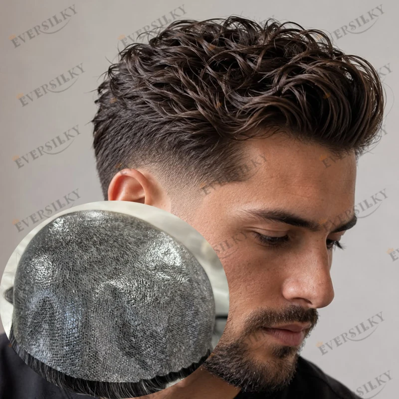Dark Brown Wavy Remy Human Hair Men's Toupee Natural Hairline Cheapest 0.12mm Thin PU Base Black Brown Grey Hairpieces System