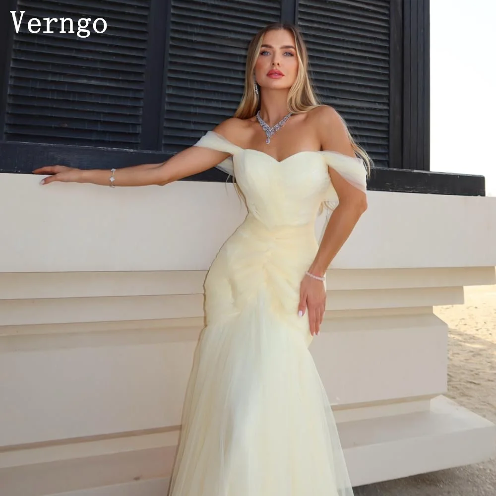 Verngo バターイエロー チュール イブニングドレス オフショルダー マーメイド プリーツ フォーマル オケージョン ドレス エレガント プロムドレス カスタマイズ