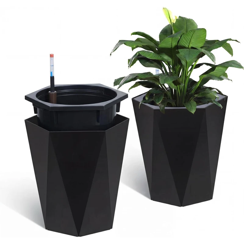 

Набор из 2 высоких самополивающихся кашпо, большие цветочные горшки из полимерной смолы с индикатором уровня воды, на колесиках, с двойной защитой поддонов