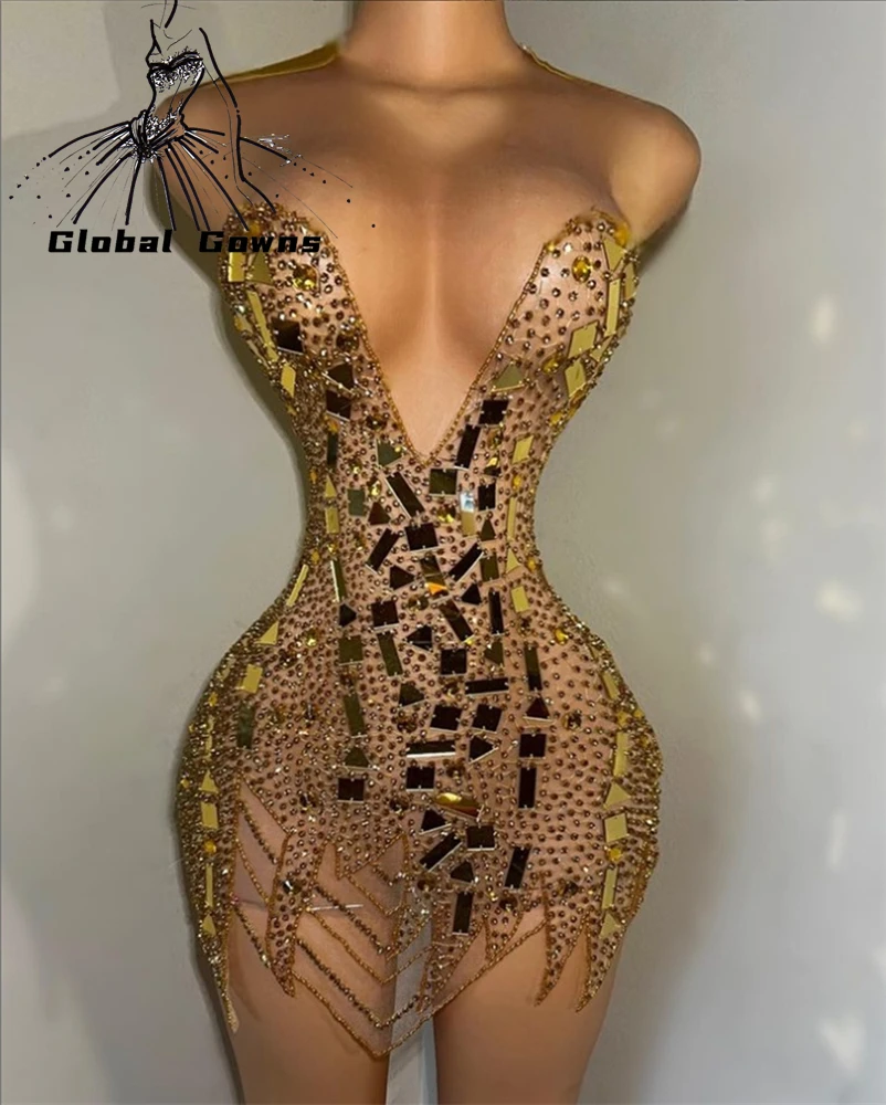 Gold Luxury Sparkly Diamond Short Prom Dresses Black Girls Beaded Sequined Birthday Party Mermaid Mini Cocktail Customized