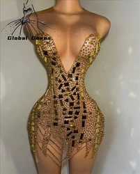 Gold Luxury Sparkly Diamond Short Prom Dresses Black Girls Beaded Sequined Birthday Party Mermaid Mini Cocktail Customized