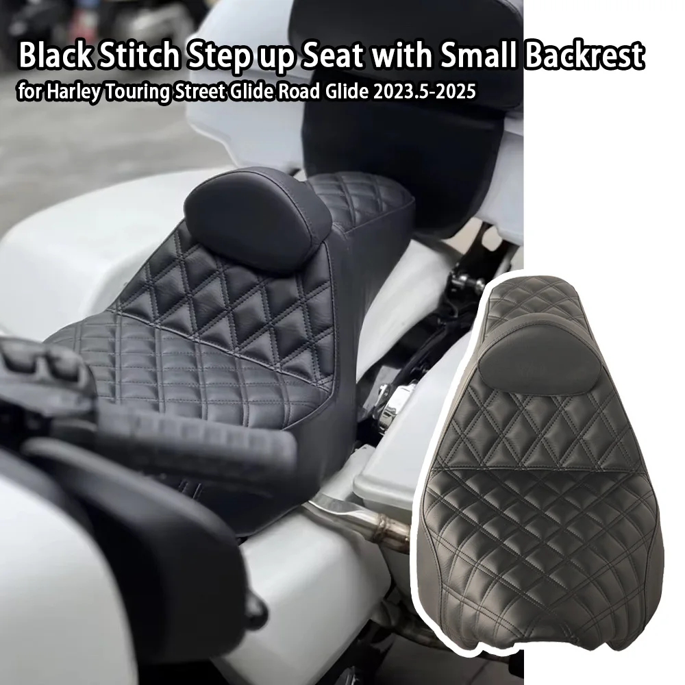 

Motorcycle Black Stitch Step up Seat&Small Backrest Two-up Front Rear Seat Cushion for Touring Street Glide Road Glide 23.5-2025