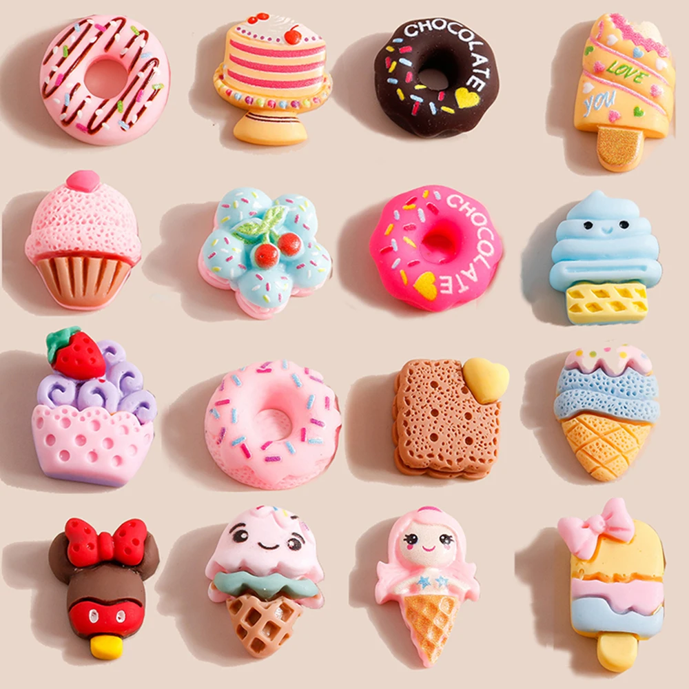 10pcs Mix Mini Cute Sweet Food Dessert Donut Cake Flat Back Resin Cabochon Embellishments DIY Scrapbooking For Girls Hair Bows