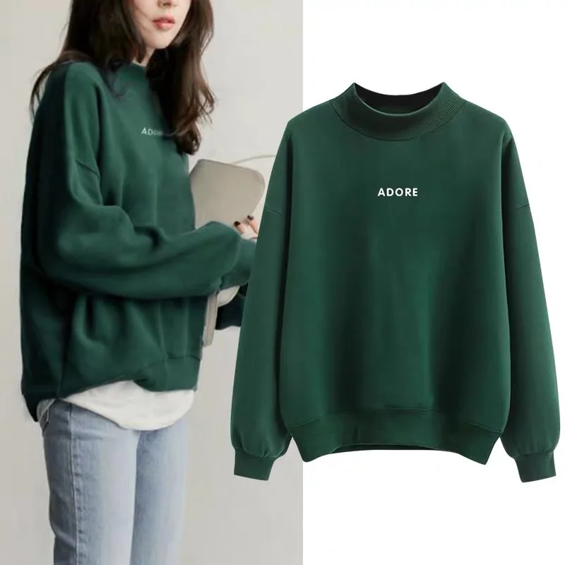 Fleece Sweater Women's Korean Version Loose Green Coat Alphabet Top