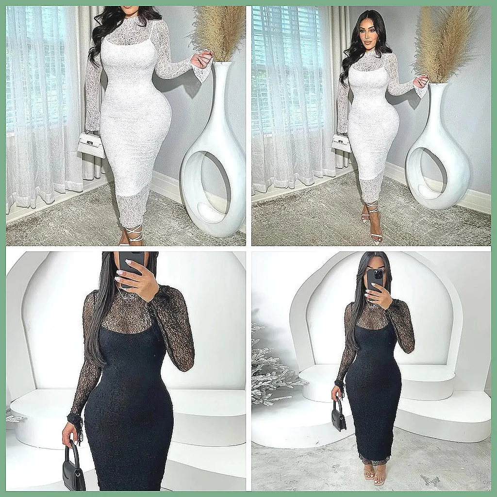 

Elegant Women's Lace Mesh Evening Dress Long Sleeve Slim Party Gown