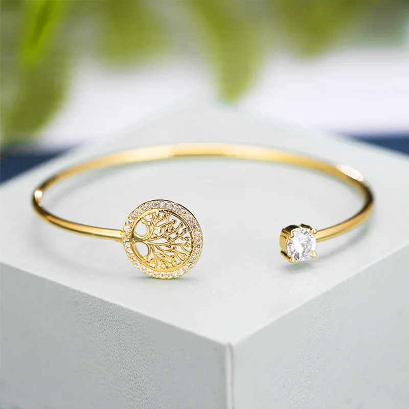 Europe and America Style Simple Delicacy Embed Zircon Tree of Life Bangle Elegance  For Women Open Mouths Bracelet Paty Jewelry
