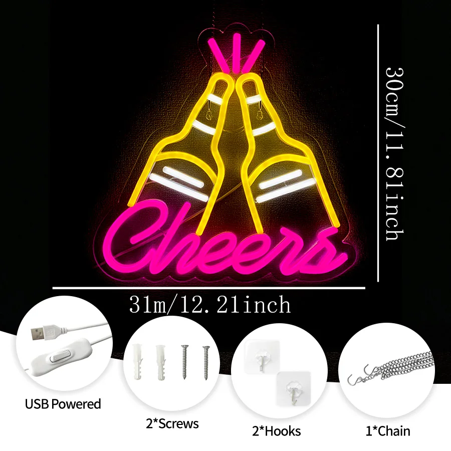 Beer Bottles Collide With Neon Signs, Cheers Led Pink Letter Lights Usb Powered Light, Bars, Clubs, Restaurants, Man Cave Decor.