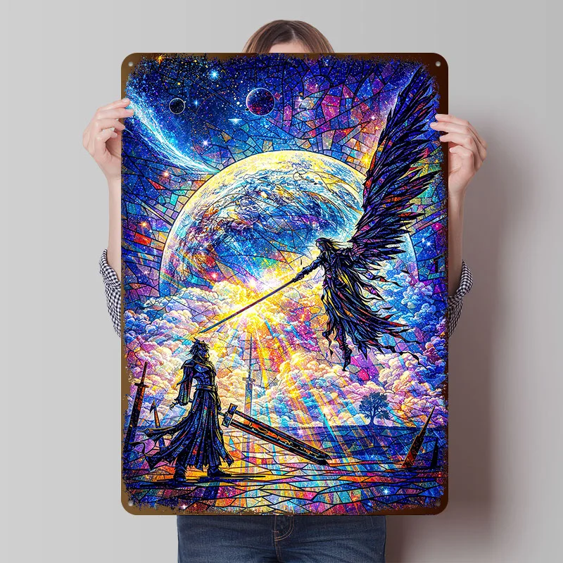 Episches Buntglas-Fantasy-Blechposter, personalisierte Wandkunst, Vintage-Metallschilder, Retro-Platten für Heimdekoration, Gaming-Haus