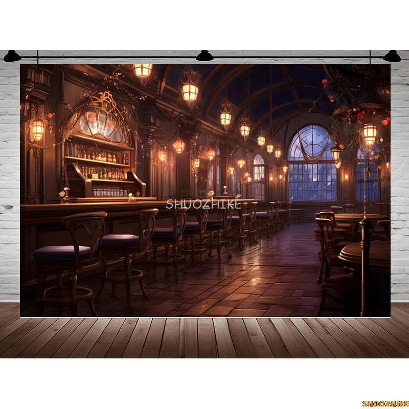 Antique library Old Tavern Barista Coffee Shop Bar Photography Backdrop Warm Medieval Inn Fantasy Photo Studio Background JG-03