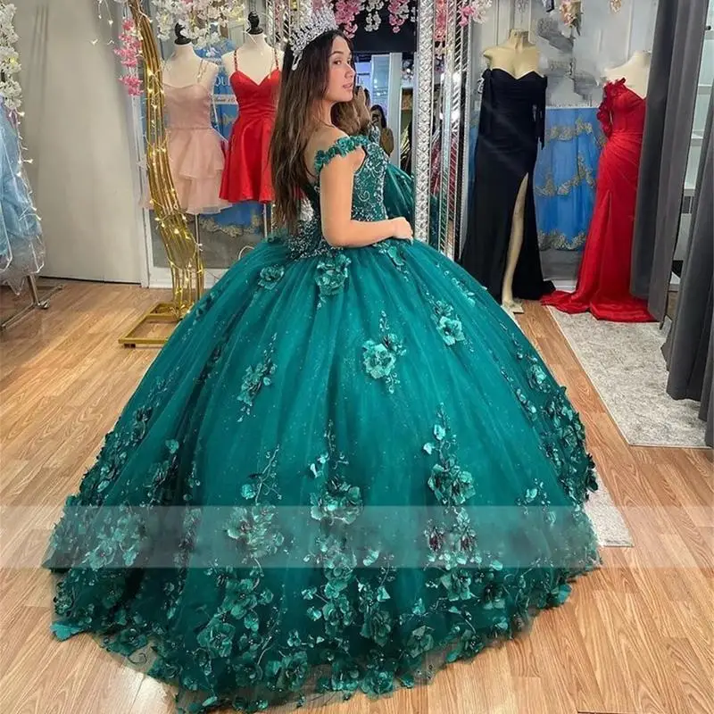 Hunter-Vestidos de quinceañera verde con capa, hombros descubiertos, Floral 3D mexicano, dulce, 15 Vestidos con cordones, falda hinchada, 16 años