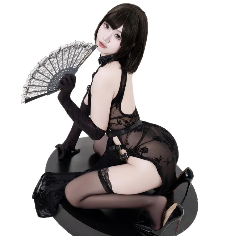 AniLV 섹시한 시스루 치파오 란제리 애니메이션 히로인 전투 유니폼 중국 치파오 드레스 잠옷 에로틱 코스튬 코스프레