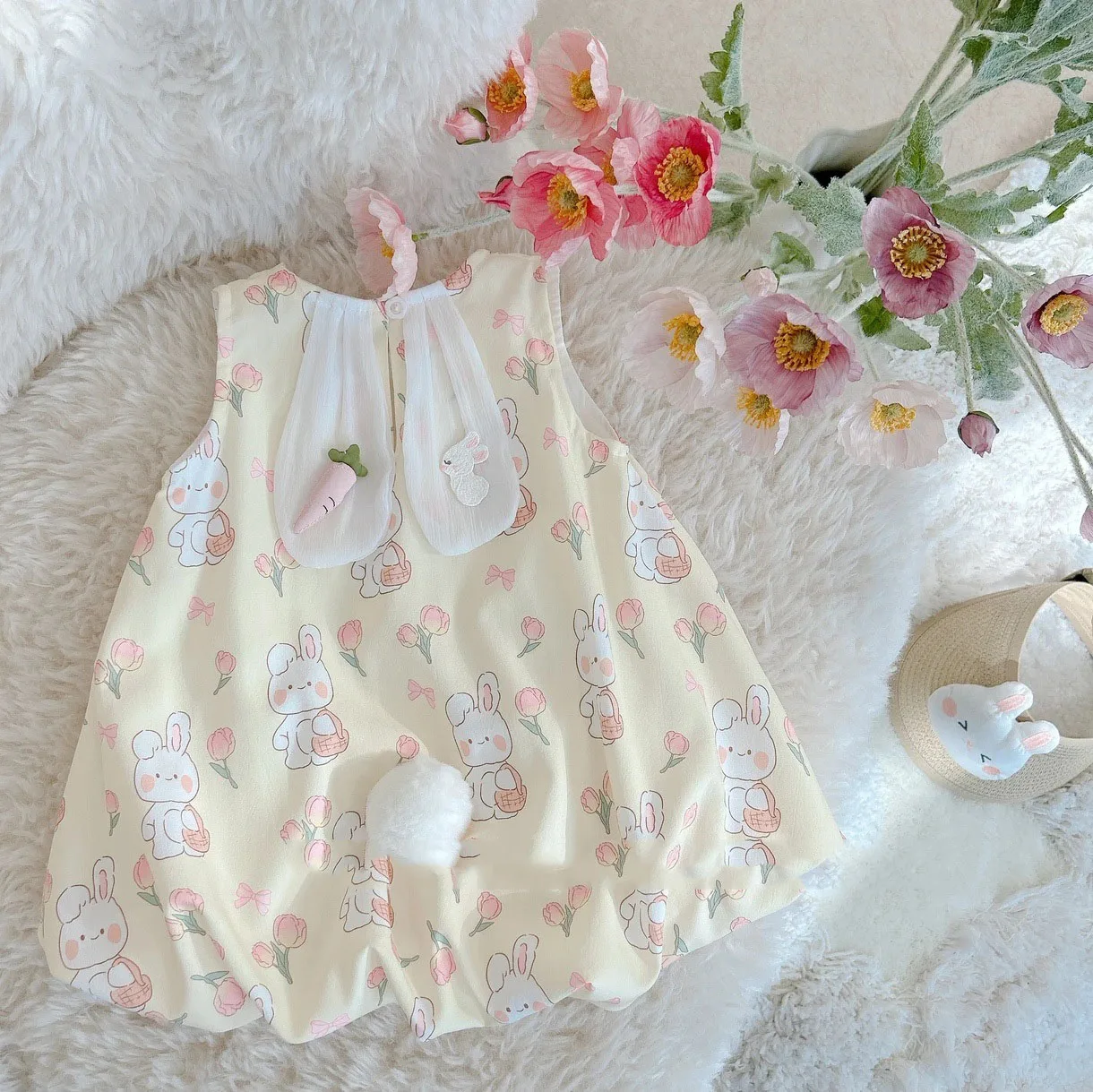 2024 New Summer Girl Baby Set Cute Little Rabbit Tulip Printed Tank Top+Flower Bud Shorts Two Piece Set Vivid Chic Children Wear