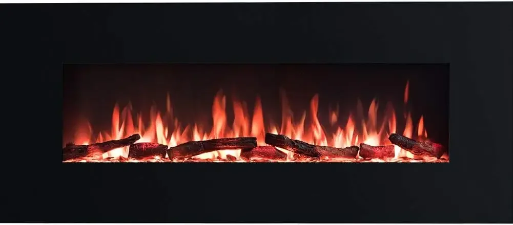 Serena 50 Inches Wall Mounted Linear Electric Fireplace with Log Set & Crystal, Adjustable Flame Color and Speed, 750 / 1500W He