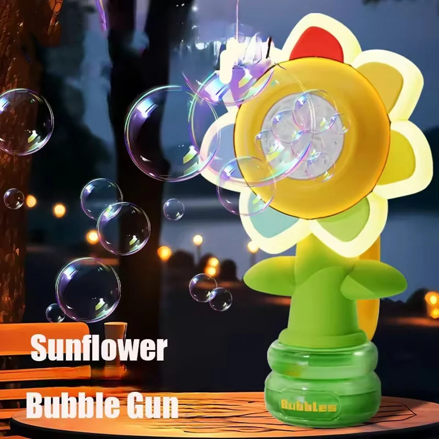 Máquina automática de burbujas para niños, juguetes con siete colores, girasol, sacudir la cabeza, burbujas de jabón, columpio, luz que sopla, burbujas de mano