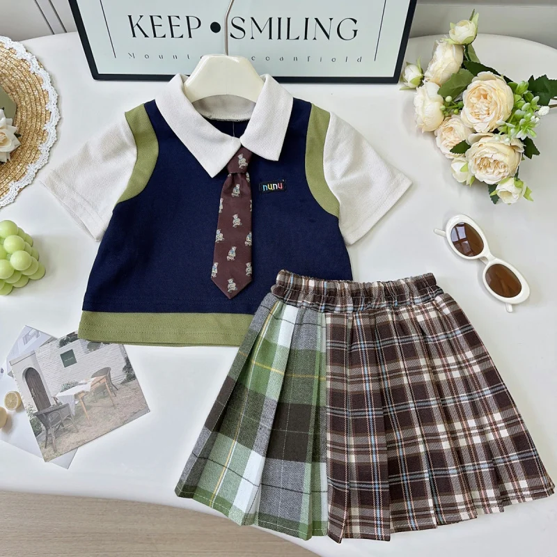 

Summer Garden Style Set for Girls, Girls' Academy Style Fashionable Baby Short Sleeve+Two-Piece Skirt Free Tie