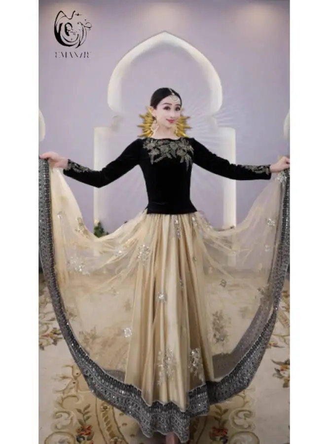 B2609 meia saia estilo exótico novo bordado grande balanço xinjiang dança traje 720 graus grande balanço emagrecimento outono inverno