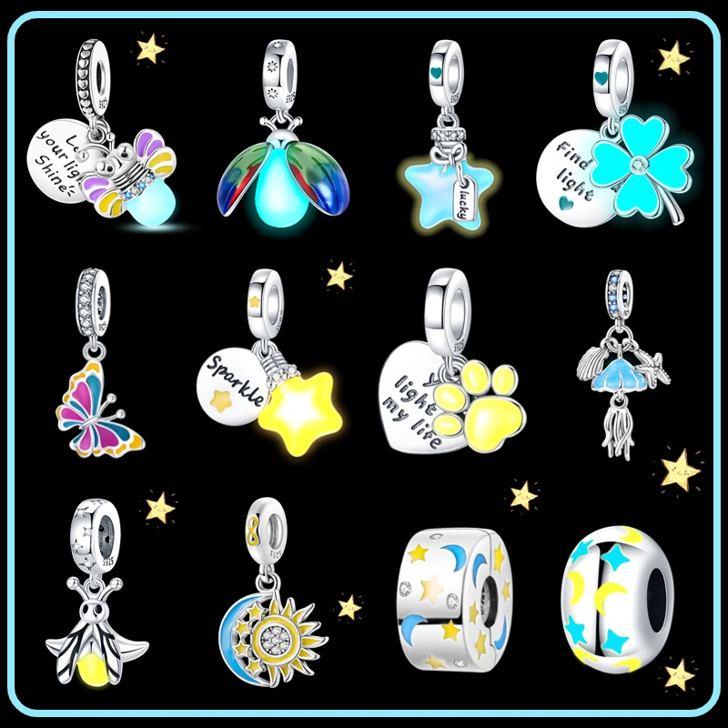 Glow in the dark Firefly Dangle 925 Sterling Silver Charms Fit For Pandora Bracelet Butterfly Star Moon Hot Sell Luminous Charms