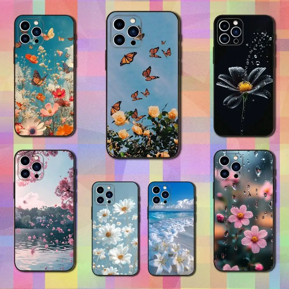 

Warmth Art Flowers Phone Case For iPhone 17,16,15,14,13,12,11,Plus,Pro Max,XS,X,XR,SE,Mini,8,7,Soft Silicone Black