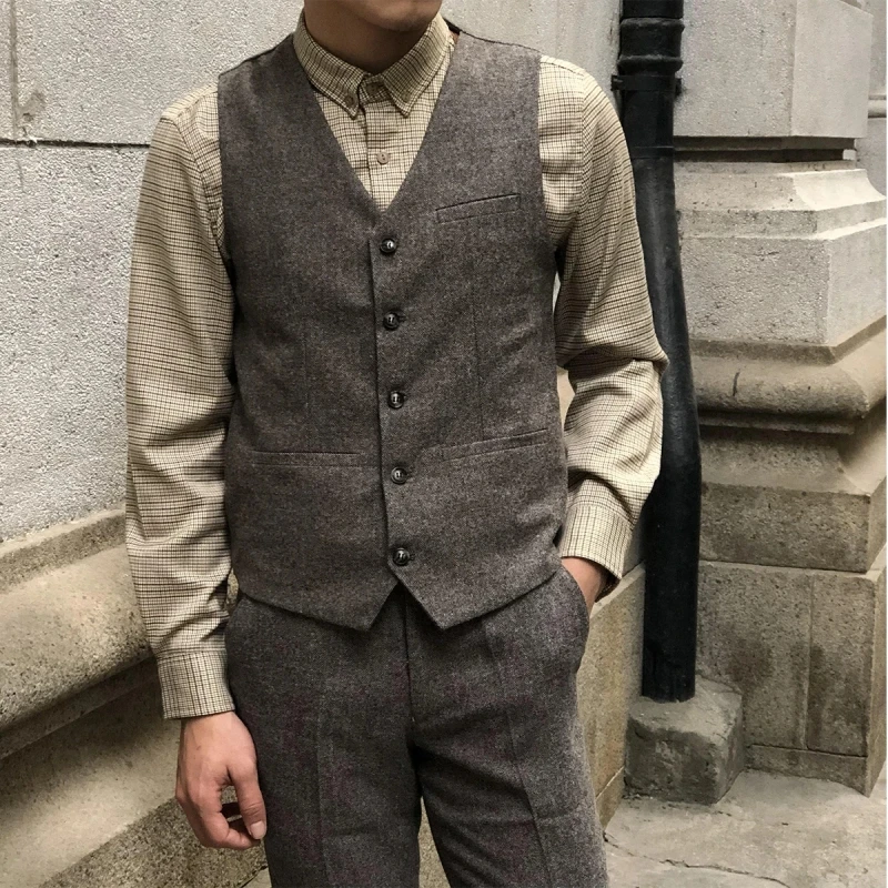 Herringbone Orange Men Vest V Neck Tweed Jacket Vintage For Wedding Banquet Work Suit Set Vest Waistcoat