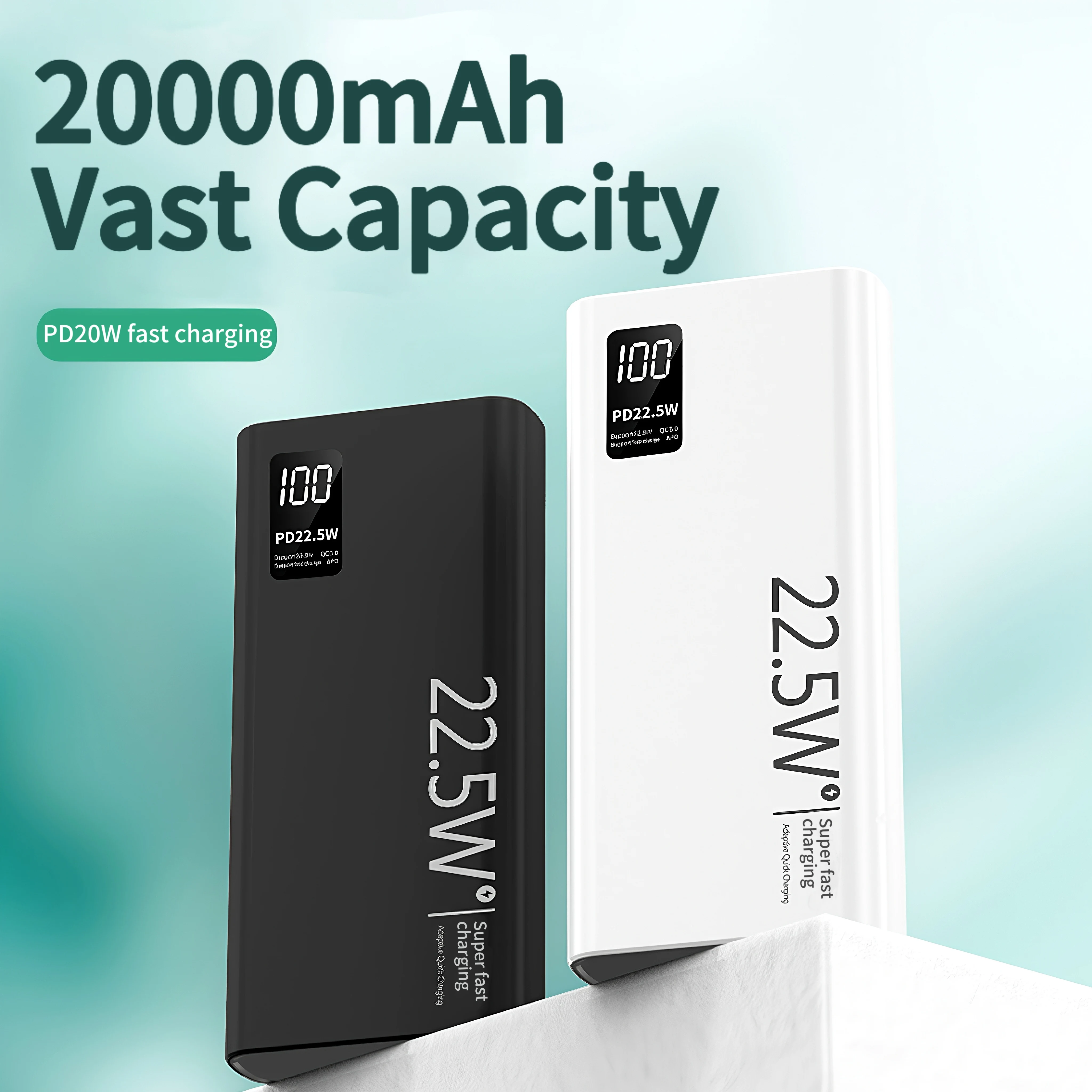 Banco de energía, celda de batería de alta densidad, 20000mAh, gran capacidad, 22,5 w, carga rápida, pantalla a color de moda