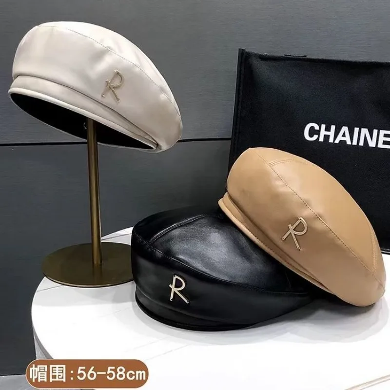 Women Autumn Winter Japanese R Letter Leather Beret Hat Vintage Solid Painter Newsboy Cap