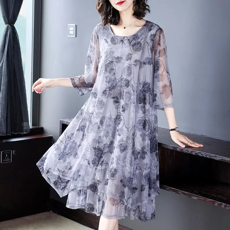 

2024 New Summer Fashion Round Neck Dress Women's Flower Print Dress A-line Chiffon Elegant Dress Vacation Tank Top L42