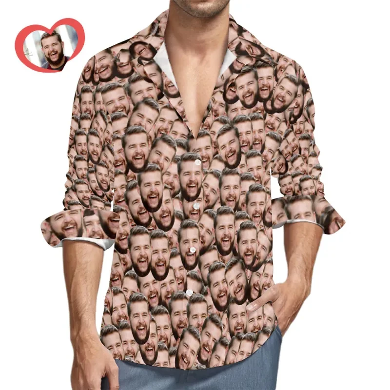 Hawaiian Custom Image 3D Print Shirts For Men Funny Birthday Gift DIY Photo Long Sleeve Blouses Women Couple Anniversary Tops