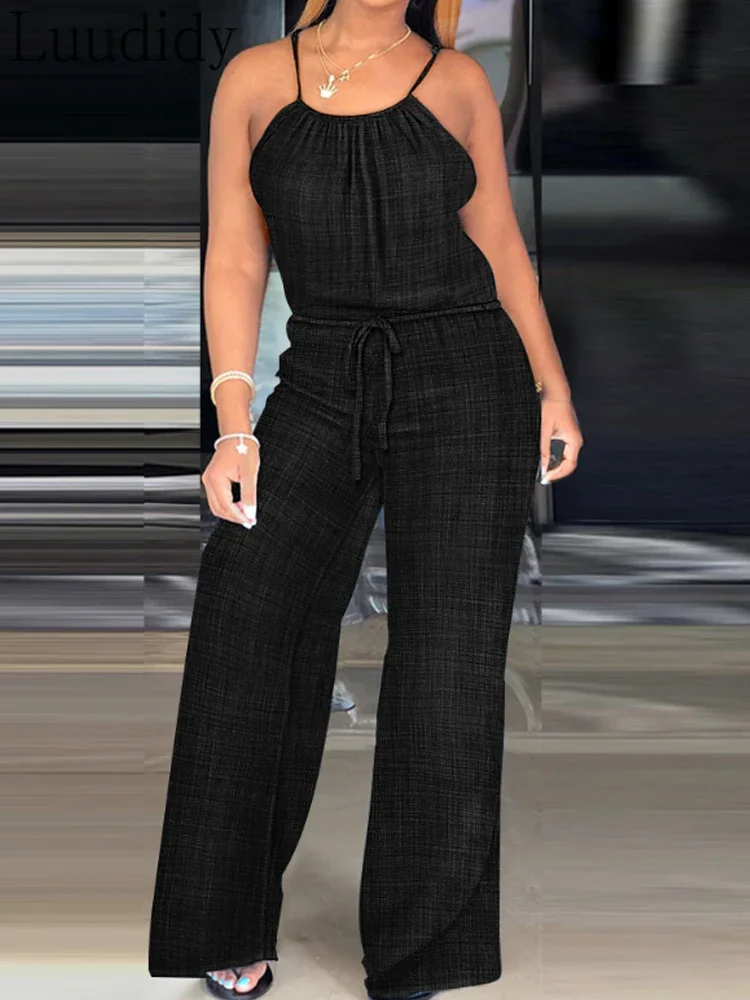 

Spaghetti Strap Drawstring Tied Waist Jumpsuit Casual Overalls