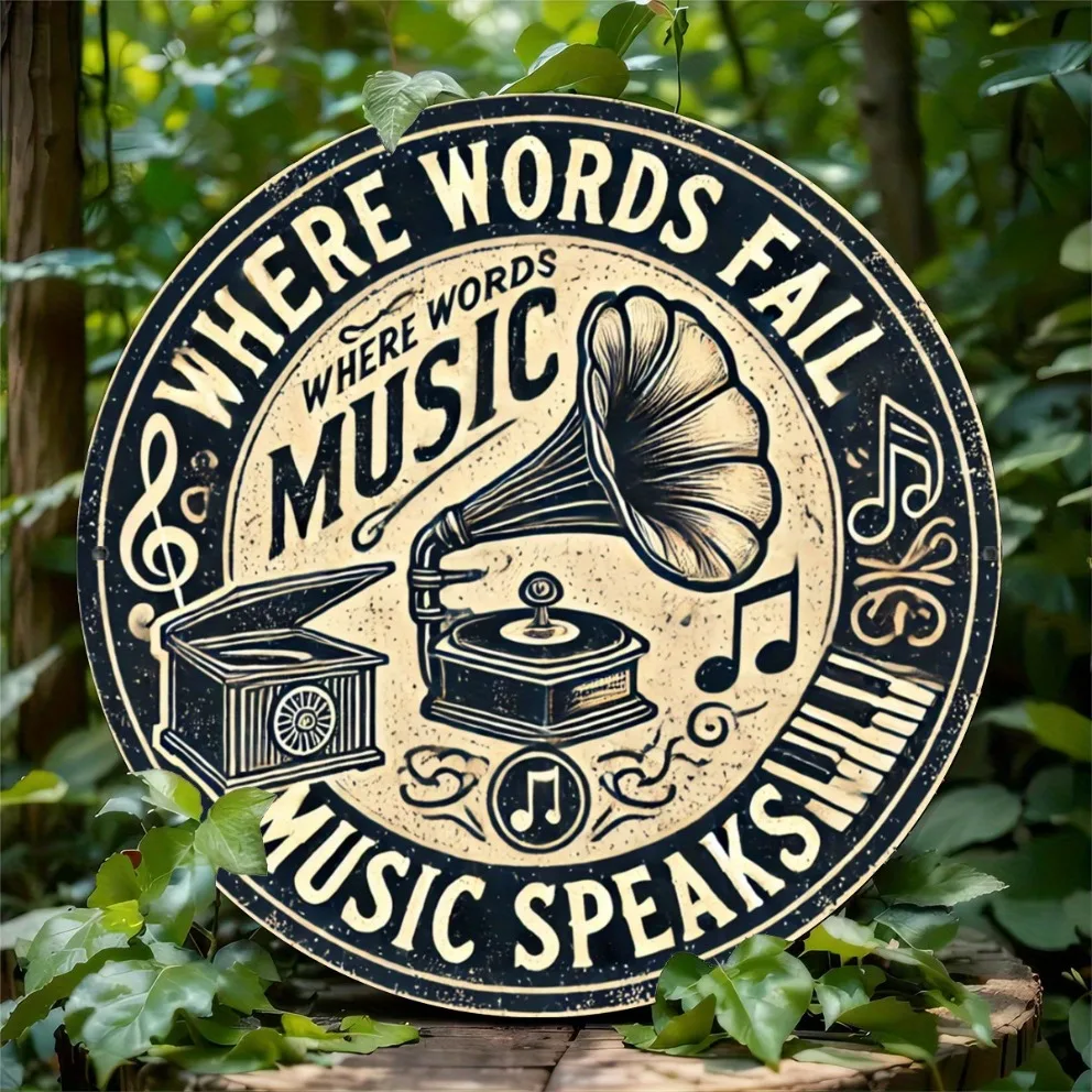 2D Retro Round Metal Tin Sign,20x20cm Where Words Fail Music Speaks Gramophone Iron Plaque Wall Decor Bar Pub Man Cave Decoratio