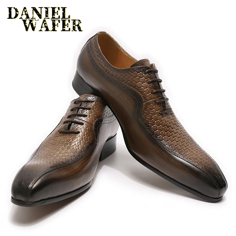 Luxury Brand Men\'s Oxford Formal Shoes Black Brown Pointed Toe Lace Up Office Business Wedding Genuine Leather Shoes for Men