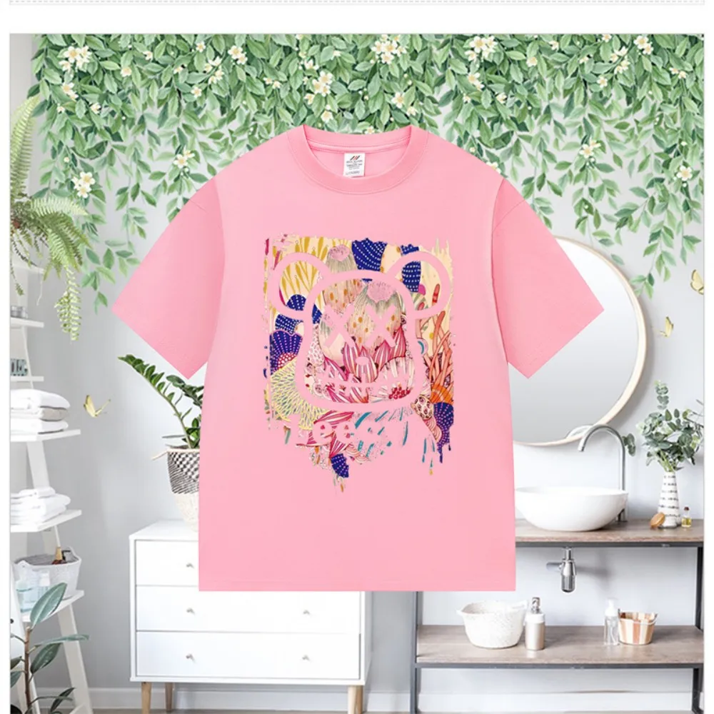 

New cartoon bear print heavyweight pure cotton loose round neck short sleeved T-shirt for men and women in Harajuku style
