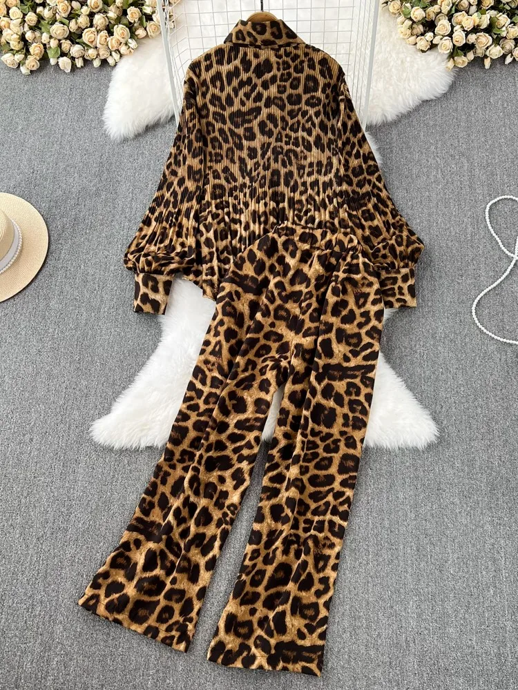 Autumn Elegant Women 2 Pieces Set Leopard Print Long Sleeve Shirts Casual Loose Pantalon Outfits New Fashion Vintage Sweatsuit