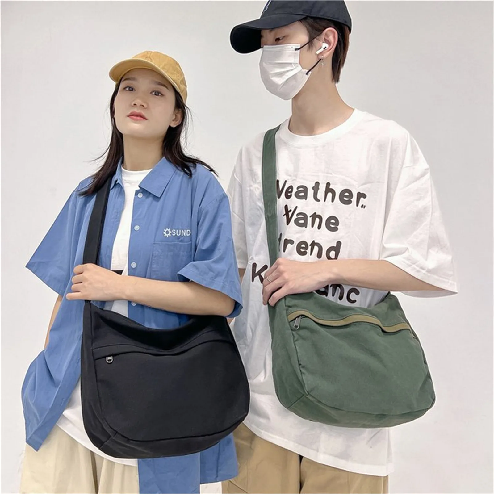 Student Harajuku Messenger Bag Solid Color School Casual Canvas Women Men Crossbody Shoulder Bags Zipper Large Capacity Handbags