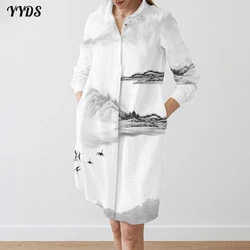 2023 Elegant Women's Evening Party Mid-calf Dresses Button Up Long Shirt Dress Chinese Style Turn-down Collar Full Sleeve Skirt