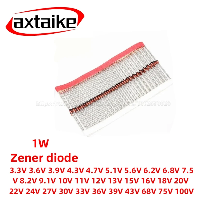 

50PCS 1W Zener Diode 3.3V-100V 5.1V 12V 18V 24V 33V 3.9V 6.2V DO-41 Package, Voltage Regulator Diodes for Circuit Protection