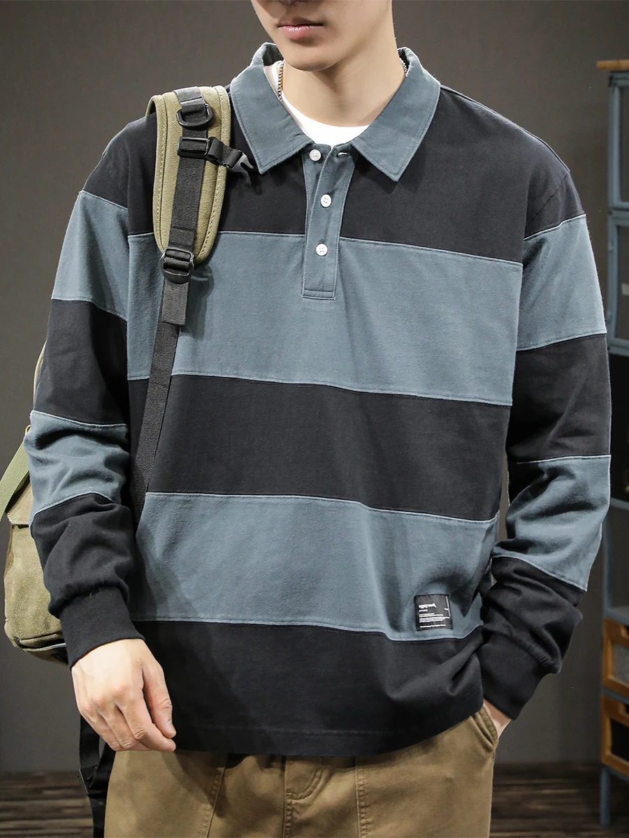 

Spring Pure Cotton American Retro Heavyweight Collared Striped Long Sve Men's Loose Large Size Trendy Sea Soul irt