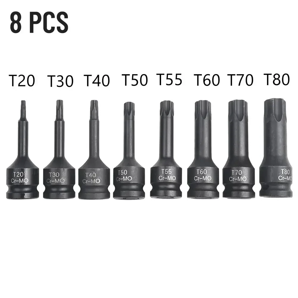 8Pcs 1/2 Inch Drive Impact Torx Star Bit Hexagon Socket Sets T20 T30 T40  T50 T55 T60 T70 T80 Portable Hand Tools